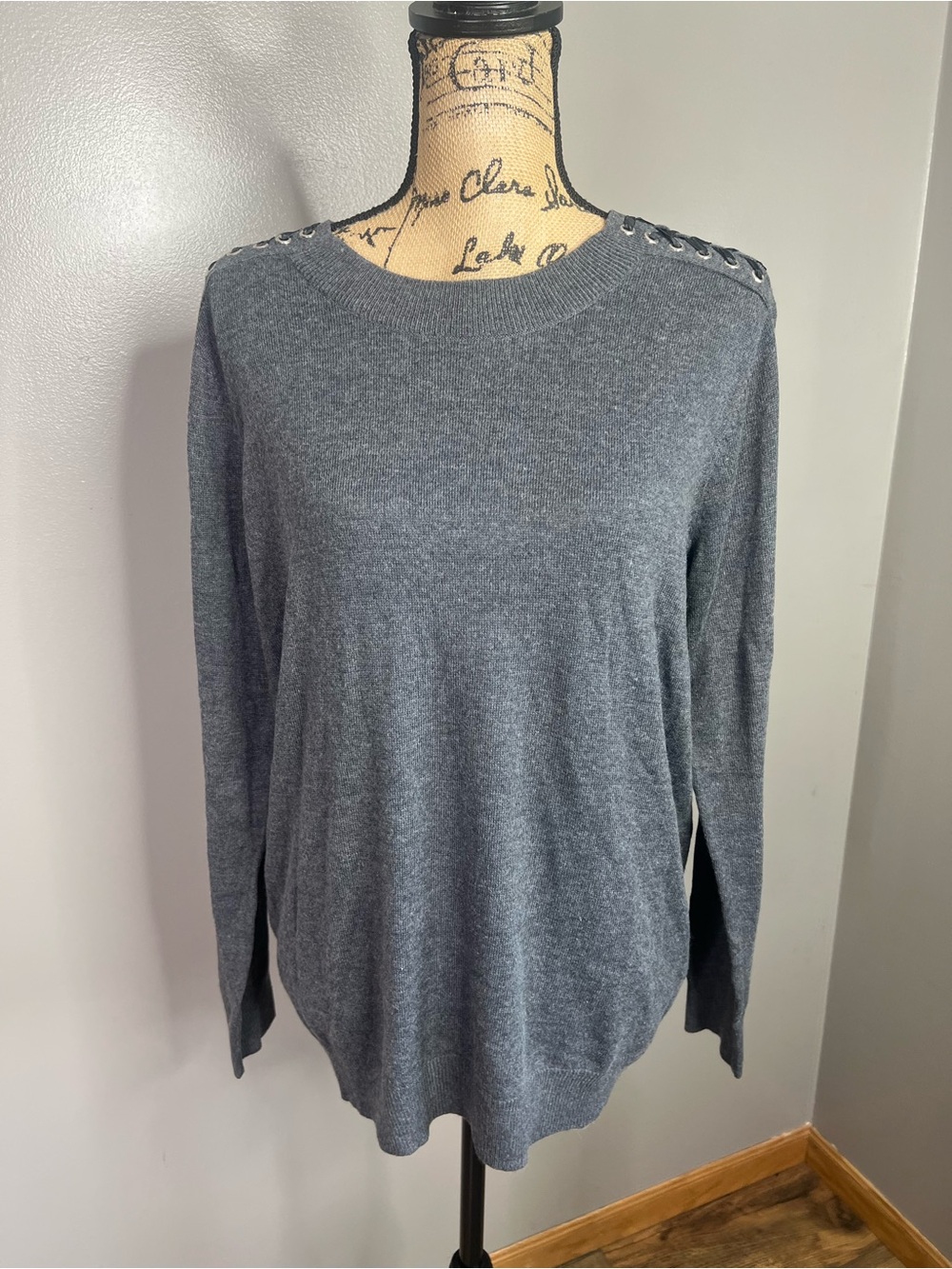 Sugar + Lips charcoal gray ribbon grommet detail round neckline pullover sweater